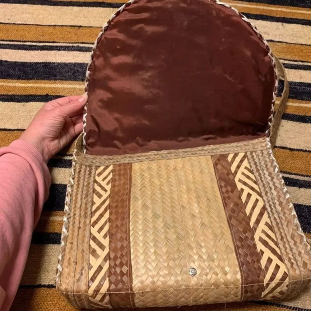 Vintage Woven Shoulder Bag Tropical Floral‎ Raffia Beachy Boho Bohemian Brown
